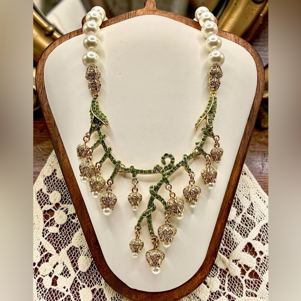 Pearl Vine Necklace Floral Gold Green Bib Necklace, Romantic Jewelry
